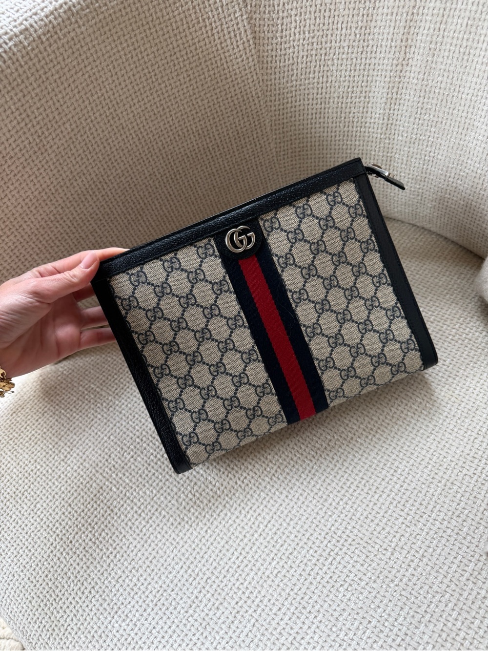 Gucci ophidia navy Leather Zip Pouch with Beige Interior